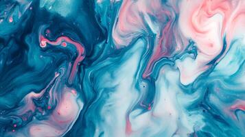 Fluid art featuring a captivating blend of pink, white, and blue, resembling marble or swirling smoke to create a mesmerizing abstract pattern. photo