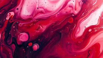Dynamic swirls of crimson, scarlet, and blush intermingle in a fluid, abstract dance. Bubbles and specks accent the vibrant, chaotic harmony. photo