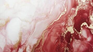 Abstract art featuring fluid, swirling patterns of red and white, highlighted with golden accents. Modern marbling effect. Decorative art. photo