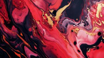 Dynamic abstract art featuring swirling patterns of red, black, and gold, creating a dramatic and fluid composition. Modern expressive movement. photo