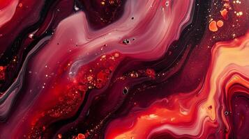 Swirling abstract art with rich reds, blacks and golds create a textured, mesmerizing effect resembling liquid magma or a nebula. photo