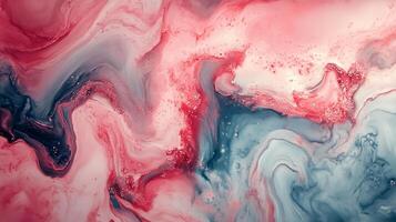 Abstract paint art with swirling pink, red and blue colors creating a mesmerizing pattern, resembling watercolor or marble textures. photo