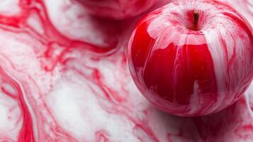 Crimson apples are nestled on a red-and-white swirl pattern, creating a striking contrast and visual feast. The glossy fruit are vibrant photo