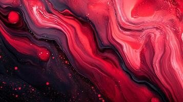Dynamic swirls of red and black create a striking visual texture, evoking movement and depth with rich, flowing lines. Abstract art. photo