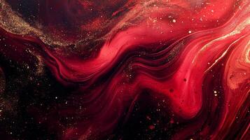 Abstract background with swirling red and dark colors accented by golden glitter, creating a dynamic and elegant fluid art piece. photo