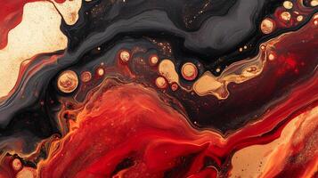 Abstract art featuring flowing red, black, and gold colors with fluid textures creating a mesmerizing and dynamic visual experience. photo