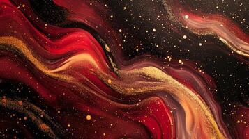 Abstract art of flowing red, gold and black shades evokes cosmic dust and movement with golden sparkles, a surreal canvas of molten elements. photo
