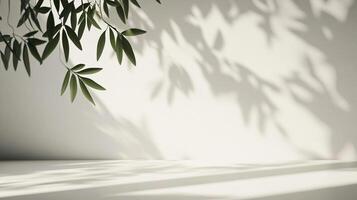 Elegant scene of sunlight casting shadows of leaves on a wall, creating a serene and minimalistic atmosphere in a bright indoor setting. photo