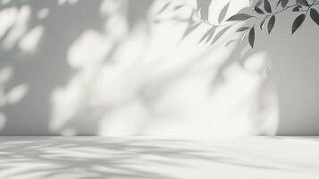 Minimalist scene with leaf shadows dancing on a pristine white wall and floor, creating a serene, organic ambiance. Pure elegance. photo