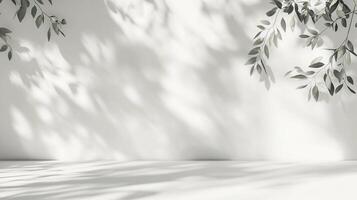 Elegant minimalist interior with a bright white wall adorned with delicate leaf shadows, creating a serene and inviting atmosphere. photo