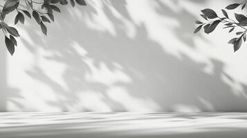 Monochromatic leaves casting dynamic shadows on a pristine white wall, creating an atmosphere of serene minimalist aesthetic. photo