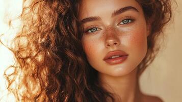 Close-up shot of a gorgeous model with freckles, beautiful eyes, and curly red hair in a studio setting with soft, neutral lighting. photo