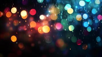Abstract colorful bokeh lights dance amidst raindrops, creating a magical, dreamlike ambiance. Perfect for festive backgrounds. photo