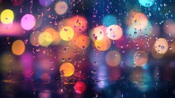 Raindrops on a window pane reflect blurred, colorful city lights, creating a dreamy, atmospheric ambiance. The reflections dance with light. photo