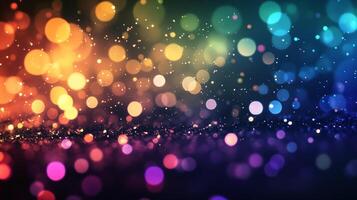 Blurred multicolored light bokeh with a gradient from orange to blue, simulating sparkling particles. Abstract, festive and vibrant. photo