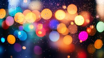 A mesmerizing dance of colorful bokeh lights behind a rain-streaked window, creating a dreamy, abstract cityscape at night. photo