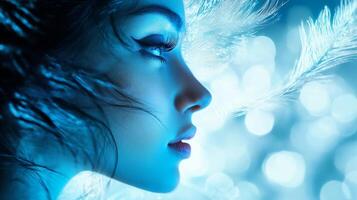 Profile of a woman with artistic makeup and feathers against a bokeh background, highlighted in cool blue tones for an ethereal effect. photo