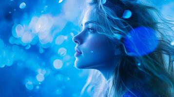 Dreamy portrait of a young woman against a magical blue bokeh background, evoking fantasy and serene beauty. Ethereal and captivating. photo