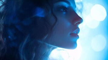 Portrait of a woman's face in profile with a serene expression, bathed in cool blue light and bokeh accents around her. photo