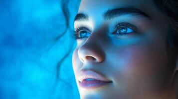 Serene portrait of a woman illuminated by soft blue light, creating a calming and ethereal ambiance with her gaze directed upwards. photo