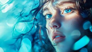 A mesmerizing portrait featuring a young woman with striking blue eyes, bathed in ethereal blue light and bokeh, creating a dreamy ambiance. photo