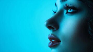 Striking profile of a woman with glamorous makeup and long lashes under cool blue lighting creating an alluring and mysterious aesthetic. photo