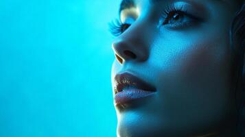 A close-up image of a woman's face, focusing on her features, under striking blue lighting, enhanced with cosmetic applications. photo