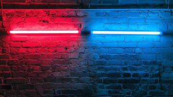 Red and blue neon lights illuminating a textured brick wall, creating a vivid and modern contrast in lighting and color. photo