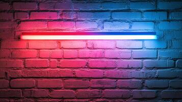 A brick wall is illuminated by a two-tone neon light in red and blue, providing a vibrant and colorful background that exudes a modern aesthetic. photo