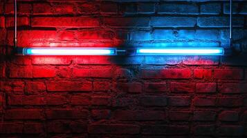 Red and blue tubes cast light on a brick wall, creating a vibrant and contrasting visual. The colors play off the texture. photo