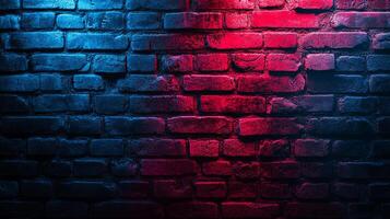 Textured brick wall illuminated with vibrant neon lighting, creating a dynamic interplay of blue and red colors across the surface. photo