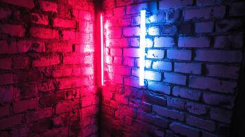 Vibrant neon lights illuminate a textured brick wall with contrasting red and blue hues, creating a visually striking architectural contrast. photo