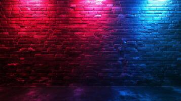 An aged brick wall is illuminated with contrasting blue and red lights, creating a visually striking and textured background. Modern and edgy. photo
