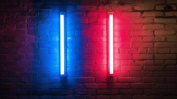 Vivid illumination of a brick wall with contrasting blue and red lights casting a dynamic interplay of color and shadow. photo