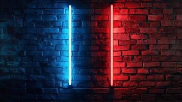 Abstract brick wall illuminated by neon lights in blue and red, creating a vibrant contrast and modern visual texture. photo