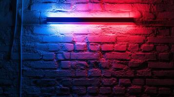 A vibrant brick wall illuminated with a neon light transitioning from cool blue to warm red, creating a striking contrast and modern aesthetic. photo