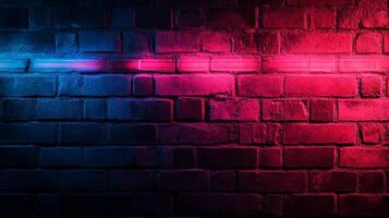 Brick wall illuminated with neon light, creating a contrasting and vibrant visual, perfect for modern and edgy designs. photo