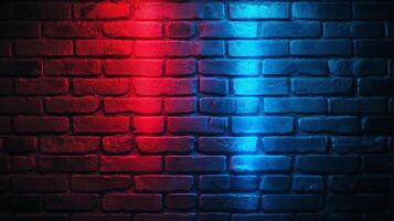 A textured brick wall is bathed in vibrant, contrasting red and blue light, creating a visually striking and dynamic composition. photo