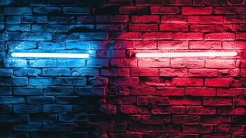 Contrasting wall display with blue and red neon lights illuminating the rustic brickwork. Striking color combination. photo