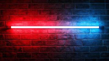 Illuminated brick wall with dynamic lighting. A modern fusion of texture and color. Captivating neon strip against a rustic brick background. photo