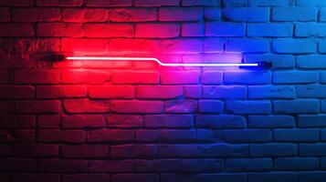 A vibrant red and blue neon light illuminates a textured brick wall, creating a dynamic and contrasting display of color and form. photo