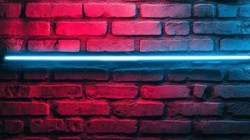 Vibrant brick wall illuminated by neon lights. Retro design with a blend of blue and red colors creating a captivating visual texture. photo