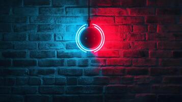 A vibrant neon orb, split between cool blue and hot red hues, hangs against an aged brick wall, creating a striking contrast and modern vibe. photo