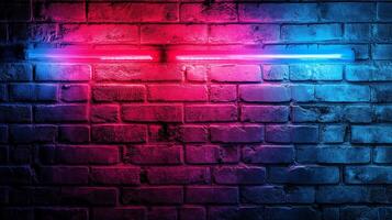 Vibrant neon illumination on rustic brick texture. Pink and blue contrast creating a captivating, modern artistic expression. photo