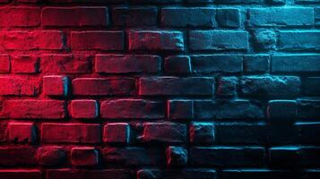 Abstract brick wall illuminated with contrasting red and blue lights creating a vibrant, textured backdrop with depth and visual appeal. photo