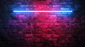 Neon light fixture casts blue and pink hues on a brick wall, creating a vibrant and dynamic scene with captivating color contrasts. photo