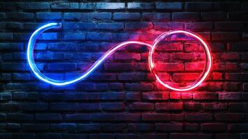 Neon blue and red light installation on a dark brick wall featuring connected circle and curve shapes, creating an abstract and modern art piece. photo