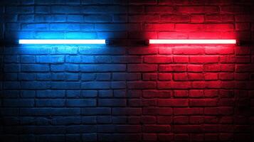 A textured brick wall illuminated by vibrant neon lights, one blue, one red, casting dramatic shadows and creating a striking contrast. photo