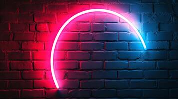 A half circle of neon light glows against a brick wall, with half red and half blue lights, creating a modern, urban, and artistic aesthetic. photo