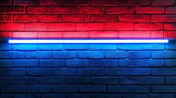 Brick wall adorned with red and blue neon lights creates a striking, high-contrast visual, adding a modern and vibrant touch to the rustic texture. photo
